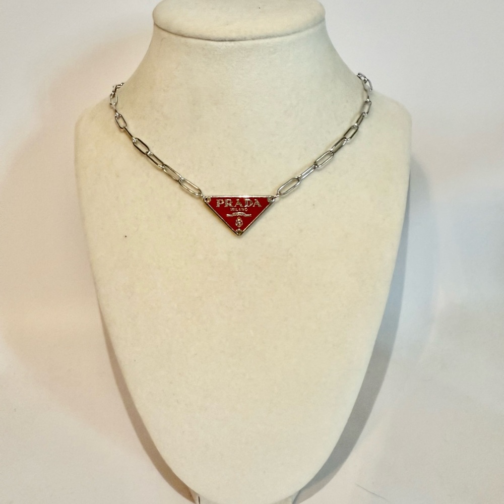 Upcycled Prada Silver & Orange Triangle Logo Paper Clip Chain Necklace